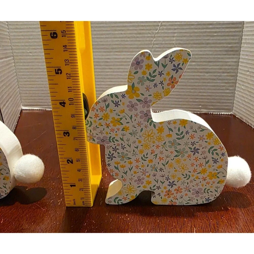 Spritz Wooden Bunny Figurines Colorful Floral Pattern Plush Tail Set of 2